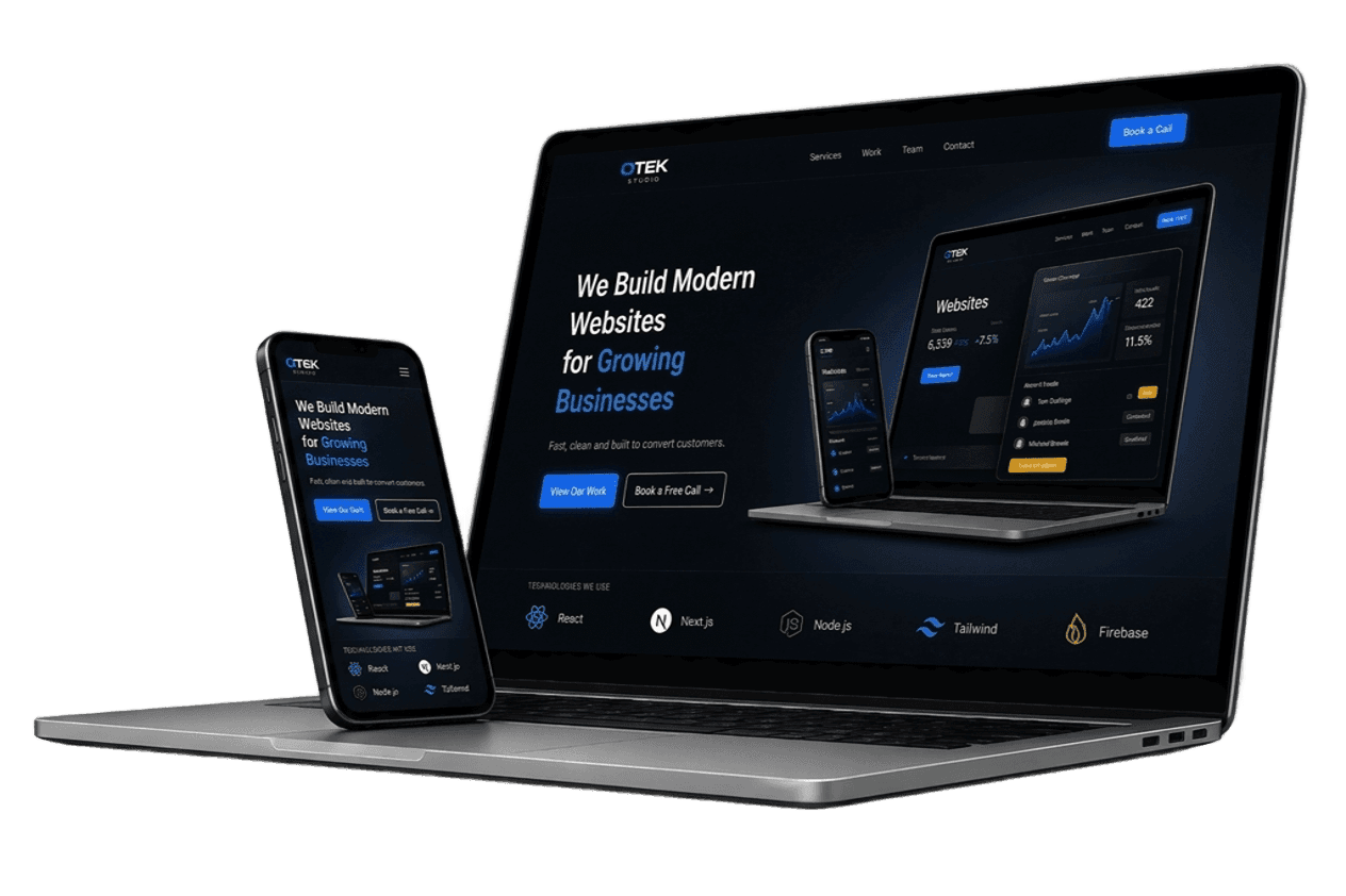 OTEK Studio website design shown on a laptop and smartphone against a dark background